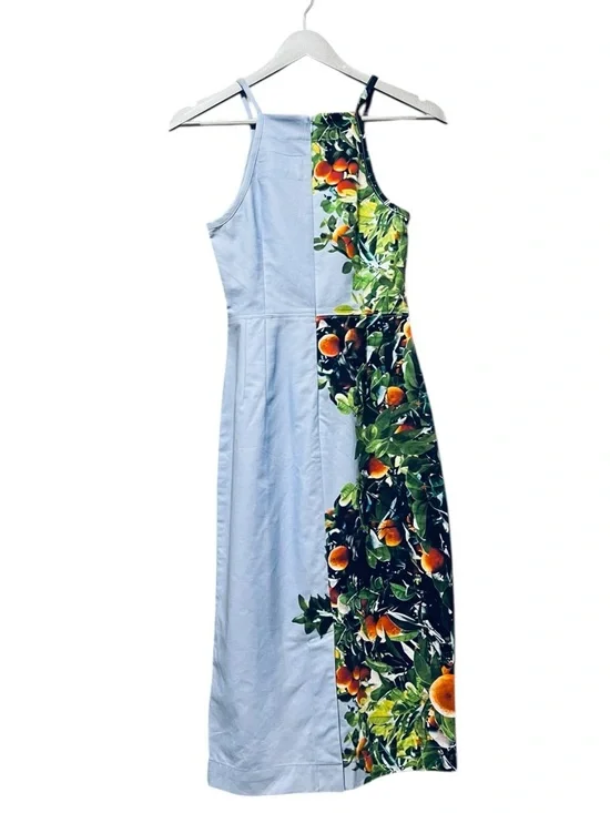 Anthropologie Maeve Orange Bough Citrus Print Sheath Midi Dress Blue Size 0 - Picture 3 of 7